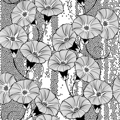 Floral seamless pattern with hand drawn bindweed flowers on a textured background. Vector black and white illustration.