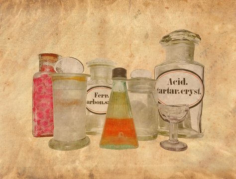 Antique Medicine Pharmacy BOTTLES, Eye Wash Glass Cup and two Bottles with Label of Ferrous Carbonate Saccharated and Tartaric Acid Crystals on Original Antique PARCHMENT PAPER Texture