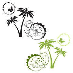 Vector illustrations with a cute dinosaur under palms. Two variants: black-and-white and color. It can be an element of design, a greeting card or an invitation.