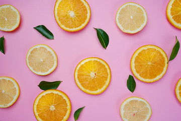 Orange Lemon Leaves Citrus Pattern on Pink Background Minimal Flat Lay