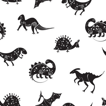 Seamless pattern with silhouettes of cartoon dinosaurs on a white background. Monochrome vector illustration.