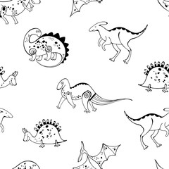 Seamless pattern with cartoon dinosaurs on a white background. Monochrome vector illustration.