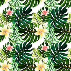 Fototapeta premium Watercolor, tropical green leaves, Monstera, palm, seamless pattern