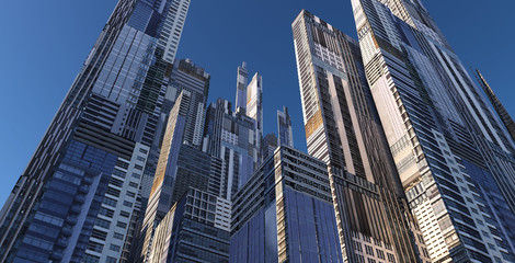 Low angle view of futuristic sci-fi city and commercial office building . 3d illustration rendering .