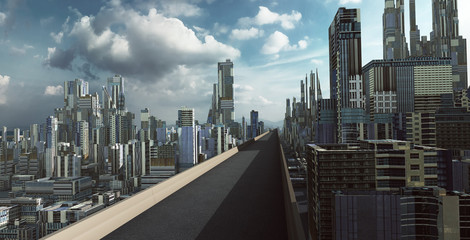 Highway overpass with futuristic sci-fi city and commercial office building . 3d illustration...