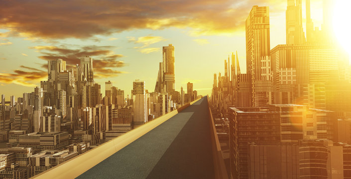 Highway overpass with futuristic sci-fi city and commercial office building . 3d illustration rendering .