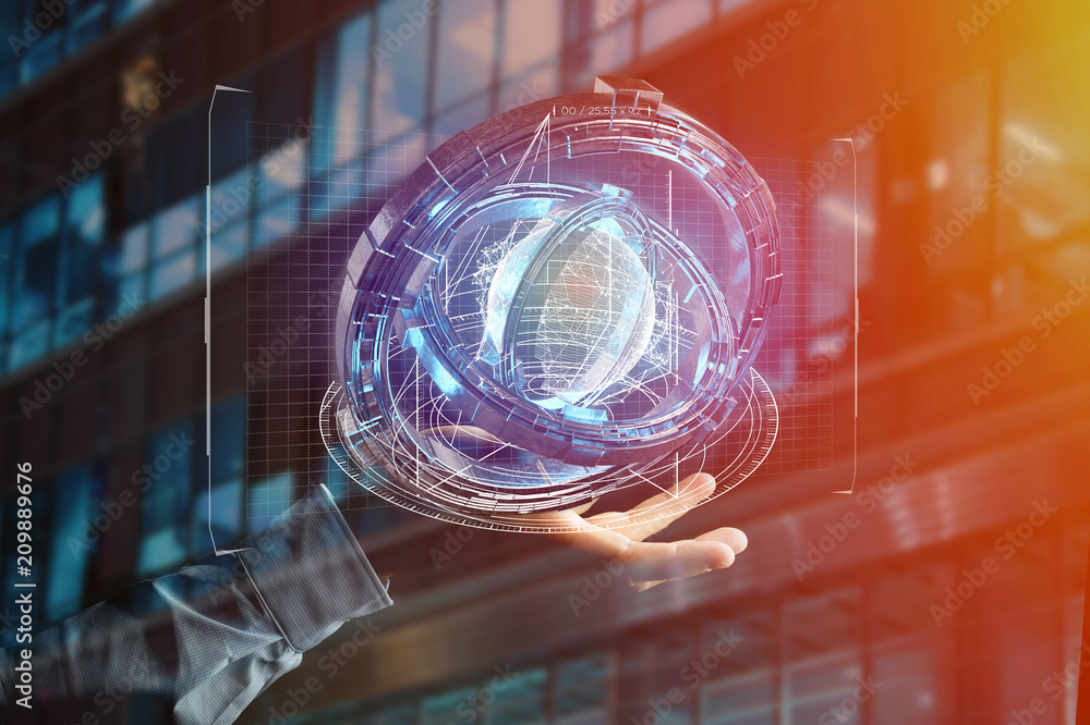 Poster hologram made of wheel with a futuristic data interface - 3d rendering