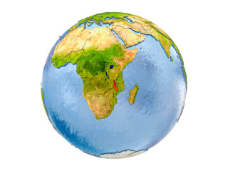 Malawi on globe isolated