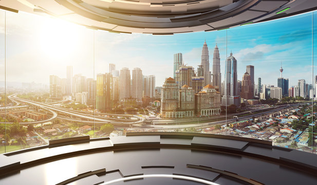 Futuristic interior design empty space room with large windows and city urban landscape . 3d illustration rendering . Mixed media ..