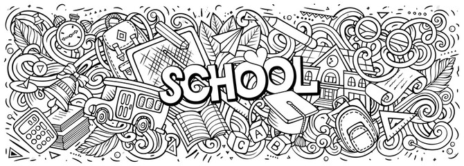 Cartoon cute doodles School word. Colorful illustration