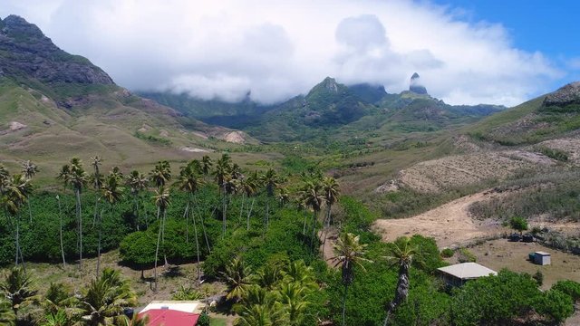 Aerial panoramic view of inland of Ua Pou island - South Pacific Ocean, Marquesas Islands, landscape panorama of French Polynesia from above