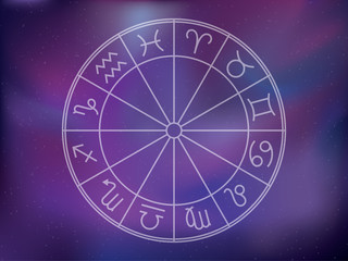 Zodiac signs background. Astrological calendar circle, zodiacal purple violet trendy color vector horoscope. Cosmos, space. Aquarius, libra, leo, taurus, cancer, pisces, virgo, capricorn