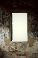 Old wooden window  frame in cement wall the house interior vintage stly.