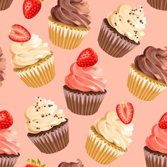 Seamless cupcakes on pink background