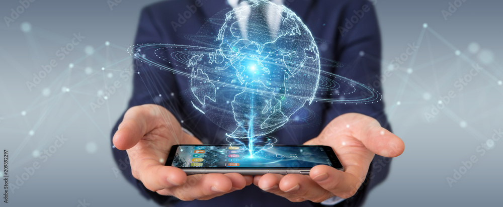 Poster businessman using globe network hologram with america usa map 3d rendering