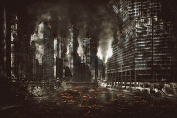 Eerie night scene of the aftermath of an explosion - obrazy, fototapety, plakaty
