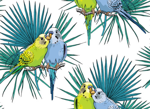 Seamless pattern. Two Beautiful little green and blue Wavy Parrots kiss on a Tropical leaves. Vector illustration.