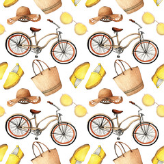 Watercolor Fashion Illustration. set of trendy accessories. Aloha Hawaii. hat, loafers, sunglasses, bicycle, bag,seamless pattern