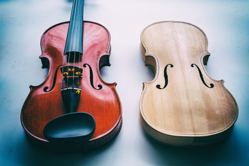 The abstract art design background of raw violin put beside completed violin on white background