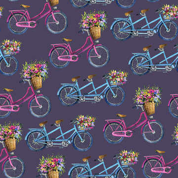 eamless pattern with bicycles and flowers