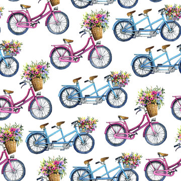 eamless pattern with bicycles and flowers