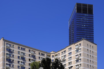 Naklejka premium Warsaw, Poland - Panoramic view of city center with modern skyscraper Cosmopolitan at 2/4 Twarda street co-existing with typical socialist architecture