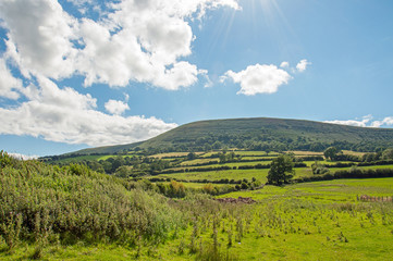 A picturesque landscape view around the Black mountains of England and Wales in the summertime.