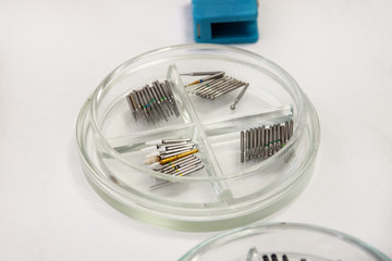 Dental drill burs. Dental equipment, drills, abrasives, dental bur for canals, polish bur, grinding discs in Petri dish glass. Tools for work dentist. Specific medical instruments for dentistry.