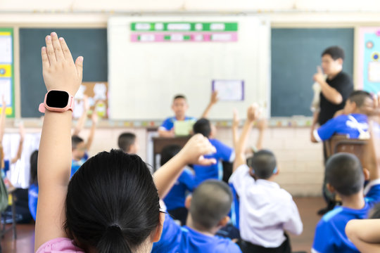 Children raise their hands to discuss.