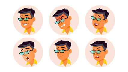 Man Avatar People Vector. Korean, Thai, Vietnamese. Facial Emotions. User Person. Expressive Picture. Pretty User. Happy, Unhappy. Isolated Flat Cartoon Illustration