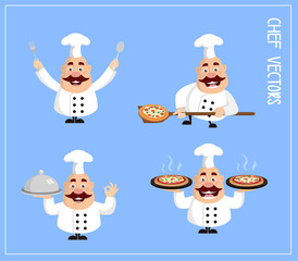 Fat Cartoon Chef various actions Flat Vector Illustration Design