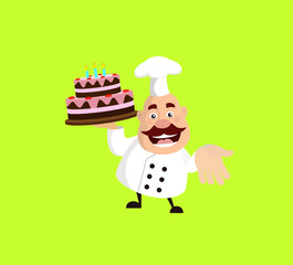 Fat Cartoon Chef with cake Flat Vector Illustration Design