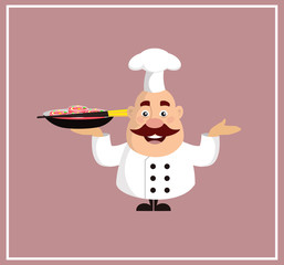 Fat Cartoon Chef with sushi Flat Vector Illustration Design