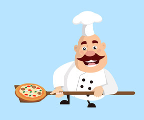 Fat Cartoon Chef baking pizza Flat Vector Illustration Design