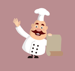 Fat Cartoon Chef showing list receipe Flat Vector Illustration Design