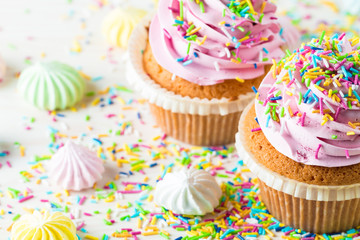Closeup of cupcakes with vanilla, berries, pink and white cream, chocolate and sprinkles on wooden background. Selective focus. Sweet dessert tasty food concept muffin.