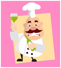 Fat Cartoon Chef with wine Flat Vector Illustration Design
