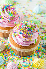 Closeup of cupcakes with vanilla, berries, pink and white cream, chocolate and sprinkles on wooden background. Selective focus. Sweet dessert tasty food concept muffin.