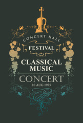 Vector poster for a concert of classical music with place for text, vignette and violin in vintage style on black background © paseven