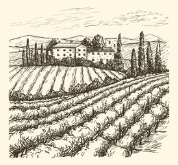 windmill, village houses and farmland