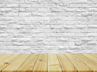 Empty top wooden table on white bricks wall background. texture for add text. use for product display.
