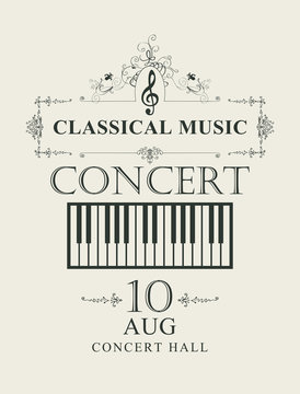 Vector poster for a concert of classical music with piano keys in retro style on light background