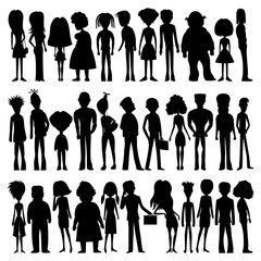 Set of silhouettes of cartoon people on white background.