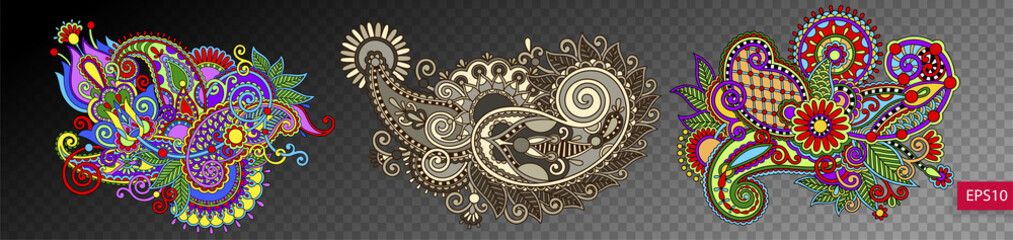 set of three paisley flower design isolated on a transparent bac