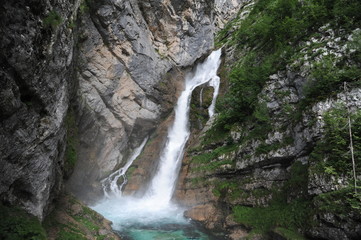 Obraz premium Savica waterfall in Triglav National Park, Slovenia, near the lake of Bohinj