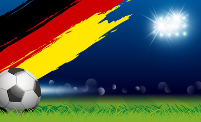 Soccer ball on grass and paintbrush germany flag in stadium with spotlight vector illustration