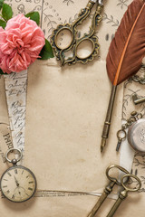 Old letters antique feather pen Vintage still life Paper background