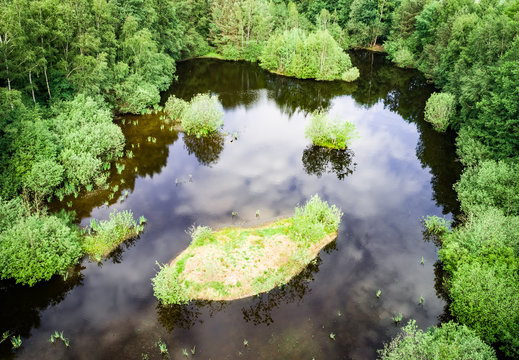 Luftbild, kleiner Waldsee aus der Vogelperspektive