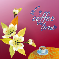 Banner spring leaves blooming cherry blossom. Coffee on the table in the spring. Time to drink coffee.Sakura.