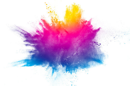 Explosion of rainbow color powder on white background.